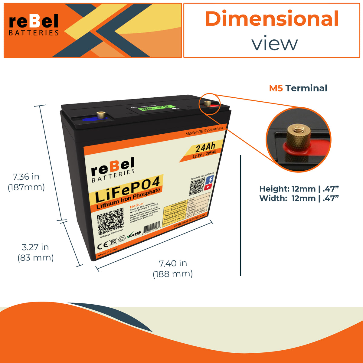 LiFePO4 12V 24Ah 295Wh Rechargeable Lithium Iron Phosphate Battery