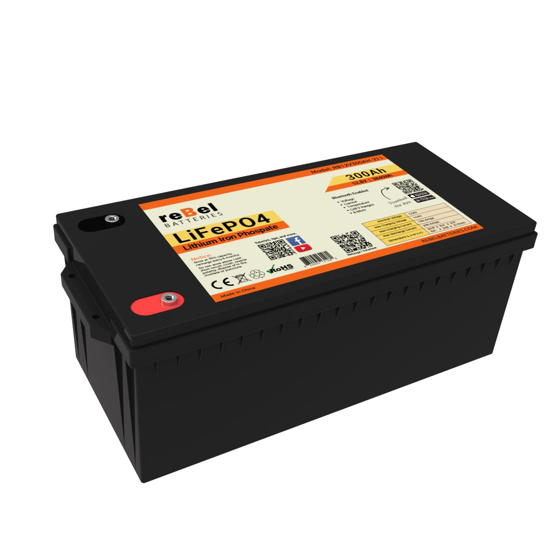 LiFePO4 12V 300Ah 3840Wh Smart Bluetooth Enabled Rechargeable Lithium Iron Phosphate Battery