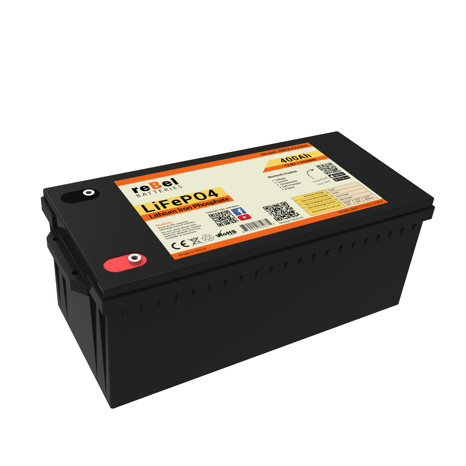 LiFePO4 12V 400Ah 5120Wh Smart Bluetooth Enabled Rechargeable Lithium Iron Phosphate Battery