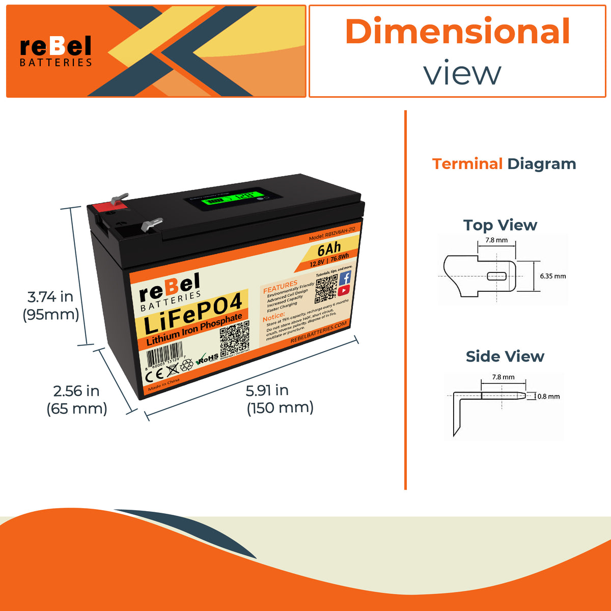 LiFePO4 12V 6Ah 76.8Wh Rechargeable Lithium Iron Phosphate Battery