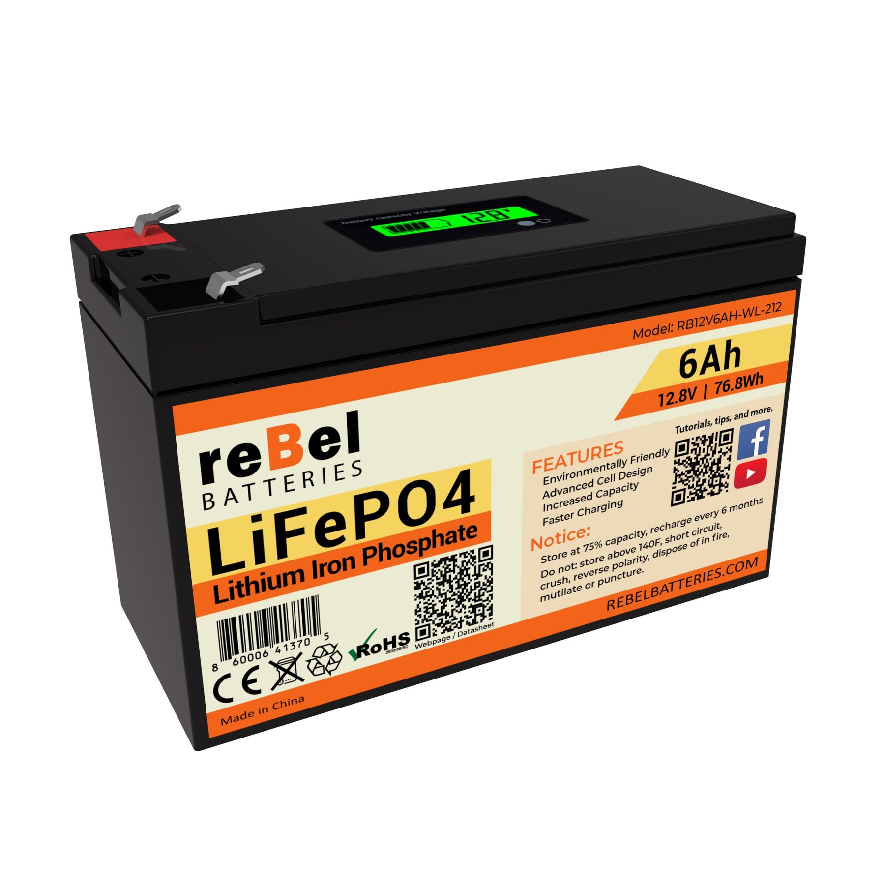 LiFePO4 12V 6Ah 76.8Wh Rechargeable Lithium Iron Phosphate Battery