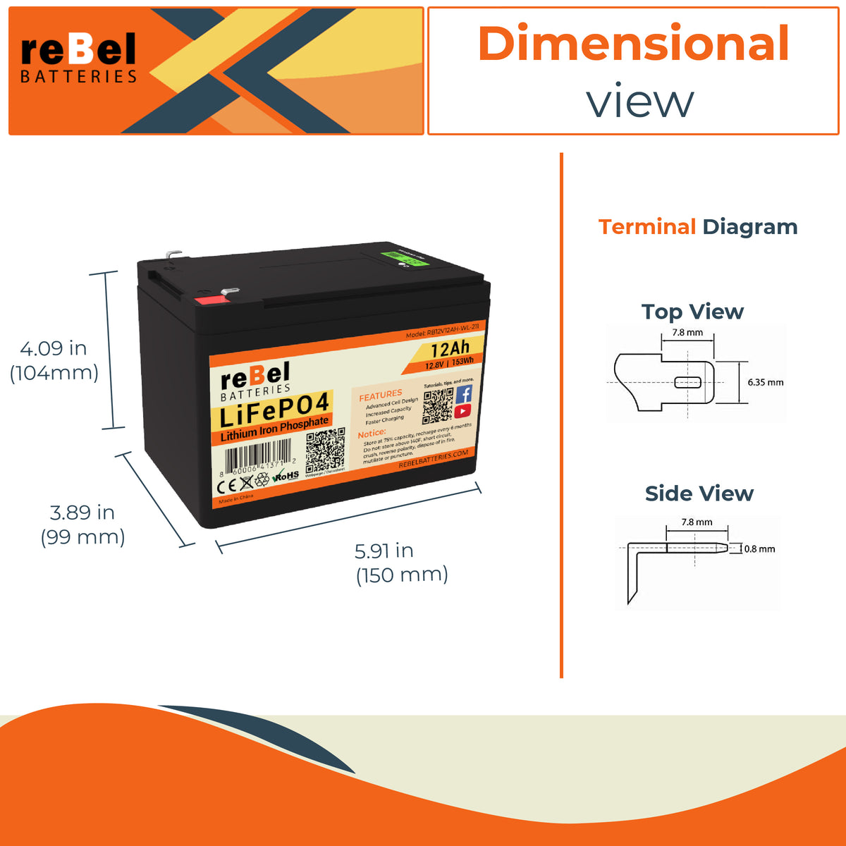 LiFePO4 12V 12Ah 153Wh Rechargeable Lithium Iron Phosphate Battery