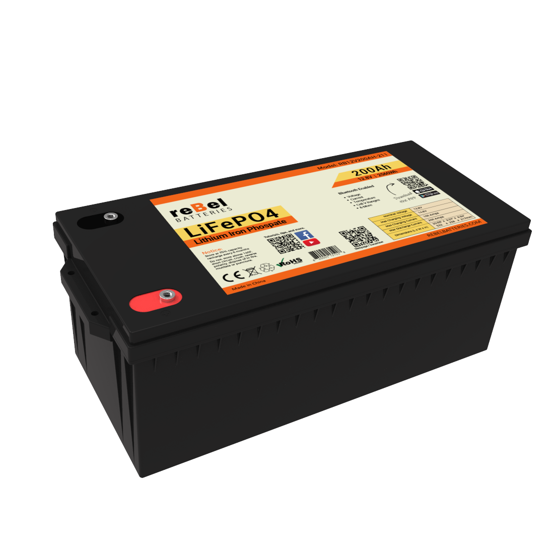 LiFePO4 Smart 12V 200Ah 2560Wh Smart Bluetooth Enabled Rechargeable Lithium Iron Phosphate Battery