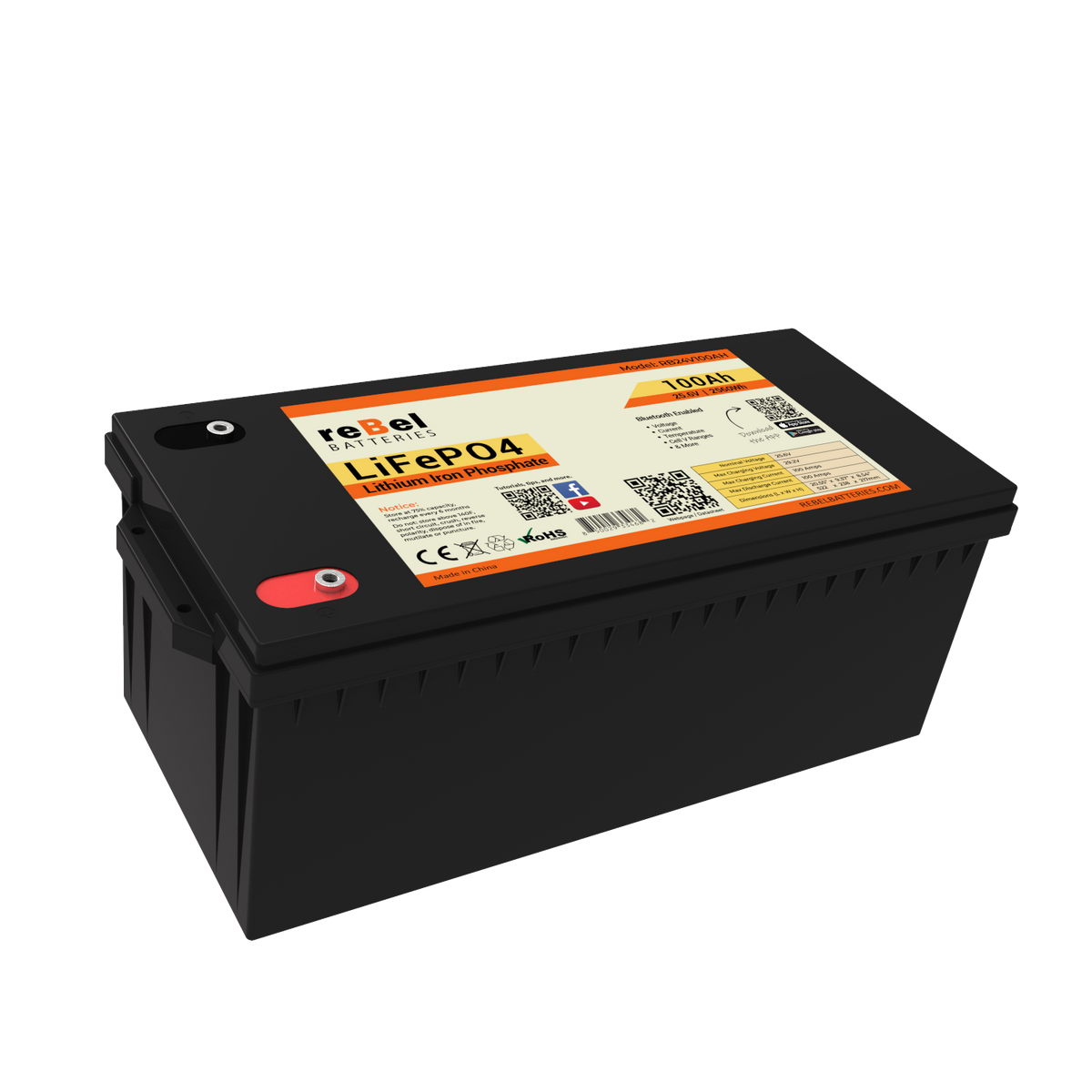 24V 100AH LiFePO4 Smart Bluetooth Enabled Rechargeable Lithium Iron Phosphate Battery