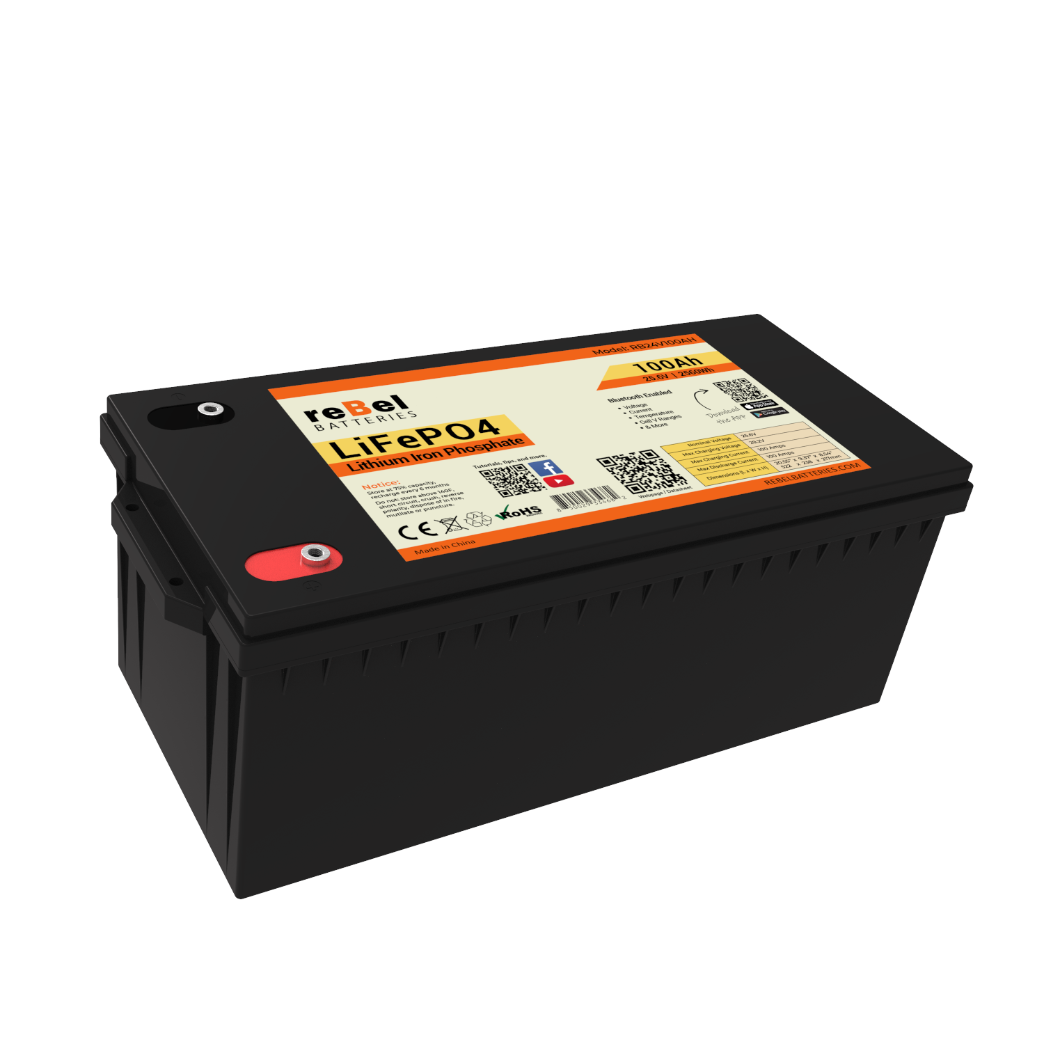 24V 100AH LiFePO4 Smart Bluetooth Enabled Rechargeable Lithium Iron Phosphate Battery