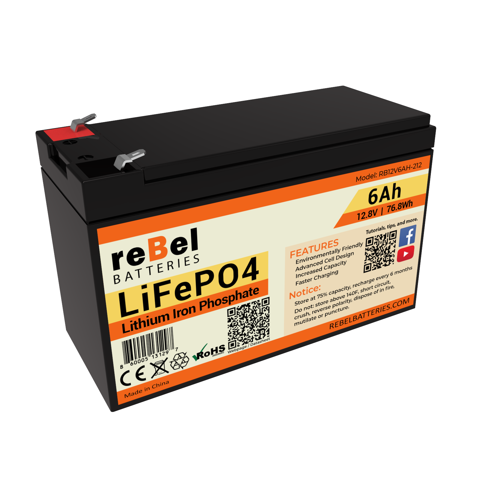 LiFePO4 12V 6Ah 76.8Wh Rechargeable Lithium Iron Phosphate Battery