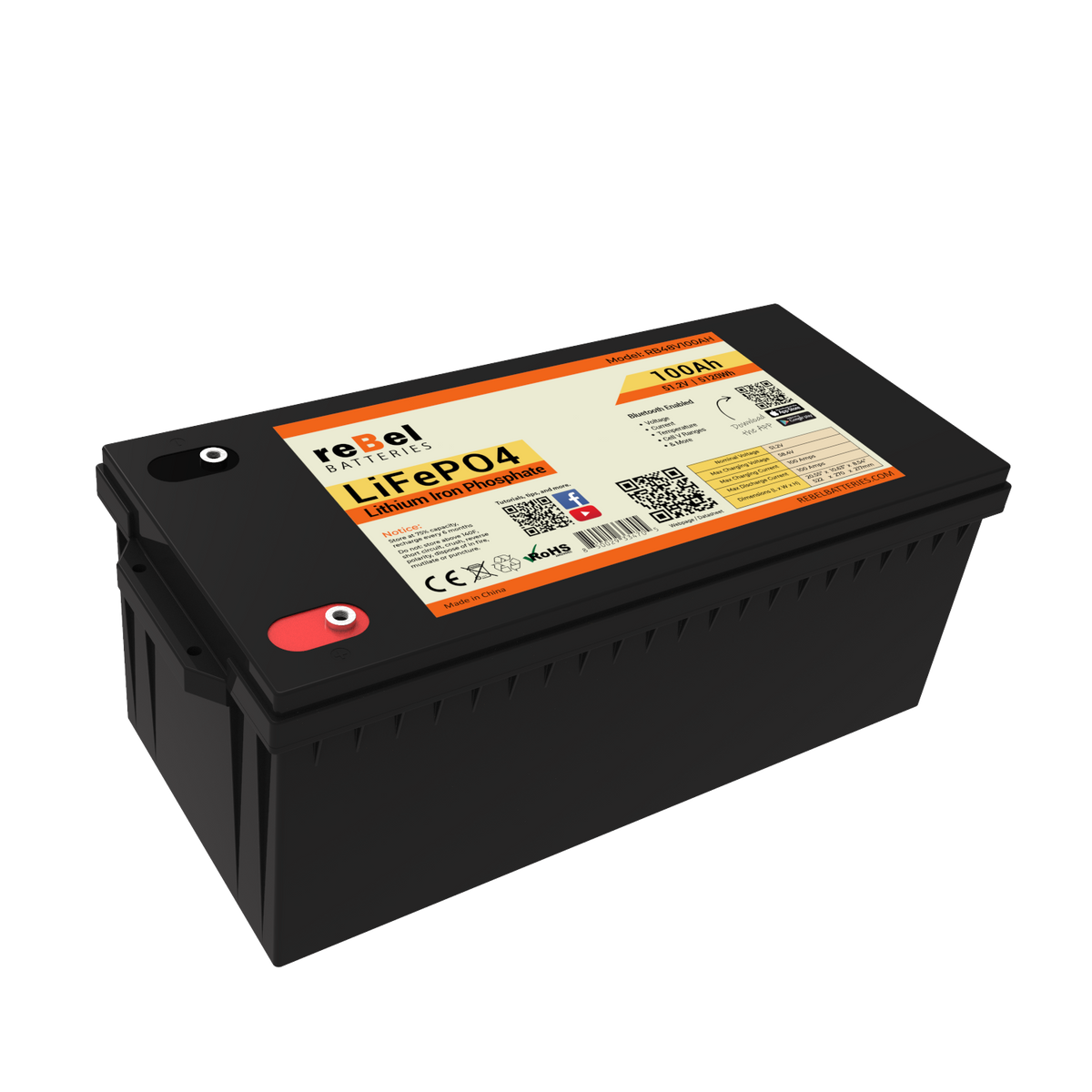 48V 100AH LiFePO4 Smart Bluetooth Enabled Rechargeable Lithium Iron Phosphate Battery